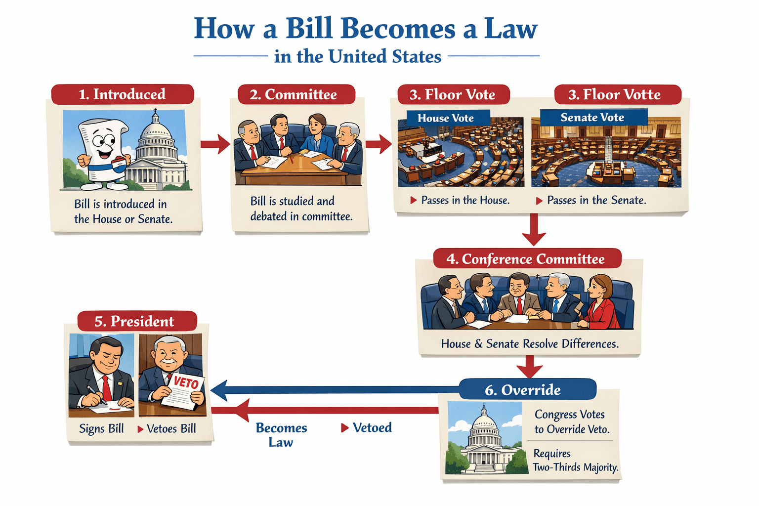 An illustrated bill-to-law flowchart with introduction, committee, House and Senate votes, conference, presidential action and an override.